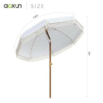 Aoxun 7ft Patio Umbrella with Fringe Outdoor UV 50+ Protection Picnic Umbrella with Aluminum Pole, Ribs Push Button Tilt and Carry Bag