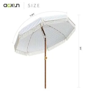 Aoxun 7ft Patio Umbrella with Fringe Outdoor UV 50+ Protection Picnic Umbrella with Aluminum Pole, Ribs Push Button Tilt and Carry Bag
