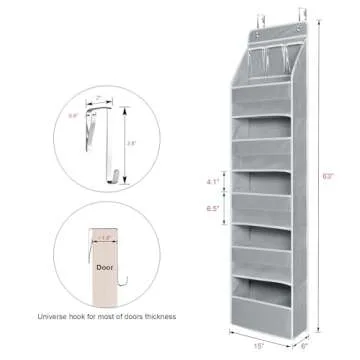 Univivi Over Door Hanging Organizer Storage with 5 Large Pockets and 3 Small PVC Pockets for Cosmetics Wall Hanging Storage Organizer for Pantry Baby Nursery Bathroom Closet Dorm(Grey)