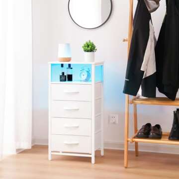 Yoobure Night Stand - LED White Nightstand with Charging Station, Bedside Table with 4 Storage Drawe...
