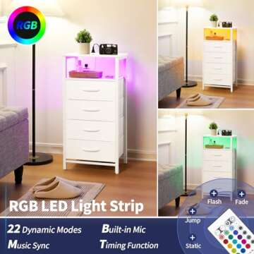 Yoobure Night Stand - LED White Nightstand with Charging Station, Bedside Table with 4 Storage Drawers and Storage Shelf, End Table with USB Ports and Outlets, Tall Dresser for Bedroom