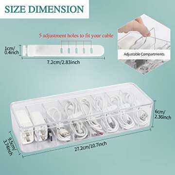 Songaa Clear Electronics Organizer Box with 10 Wire Ties, Desktop Cable Management Box with Lid, Acrylic Cord Organizer Case 8 Compartment Electronic Accessories Case for Desk Drawer, Office, Home