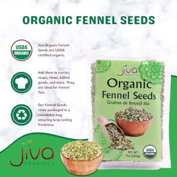 Jiva Organic Fennel Seeds 7 Oz Bag - Non-GMO, Certified, Vegan - Resealable Bag - Product of India