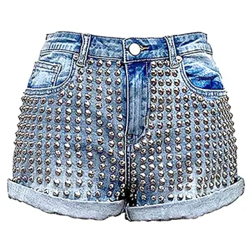Seta Apparel Women's High Waisted Stud Shorts in Denim