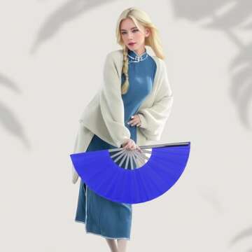 HONSHEN 2 Pack Large Folding Hand Fan, blue Chinese Kung Fu Tai Chi Fan Nylon-Cloth Fan For Men And Women Performance, Dance, Decorations, Festival, Gift (Folding fan blue 2p)