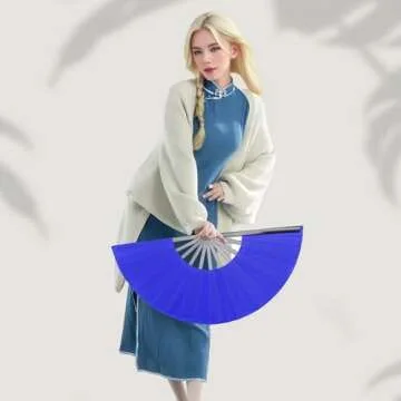 HONSHEN 2 Pack Large Folding Hand Fan, blue Chinese Kung Fu Tai Chi Fan Nylon-Cloth Fan For Men And Women Performance, Dance, Decorations, Festival, Gift (Folding fan blue 2p)