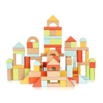 OOOK 100pcs Building Blocks for Toddlers 1-3, Wooden Blocks for Kids with Storage Bucket and Shape S...