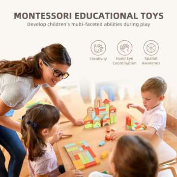 OOOK 100pcs Building Blocks for Toddlers 1-3, Wooden Blocks for Kids with Storage Bucket and Shape Sorter Lid, Montessori Toys for 1 2 3 Year Old, Learning Toys for Preschool Girls and Boys