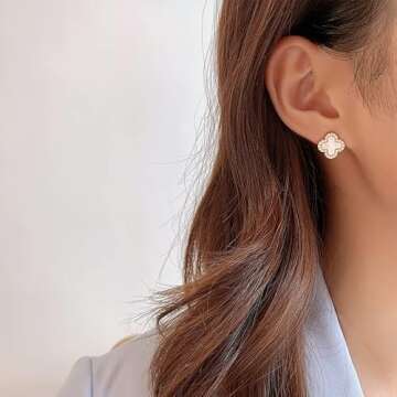 XUDEJUN Four-Leaf Clover Earrings Silver Needle Clover Earrings Full of Diamond Zircon Anti-Allergy Jewelry Earrings Large for Women (White)………