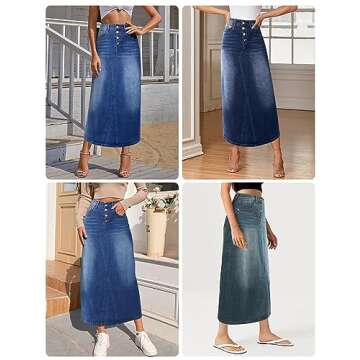 Womens Long Denim Skirt Casual A-Line Stretch Jean Skirt for Women High Waisted Vintage Denim Maxi Skirt with Pockets Blue US 8