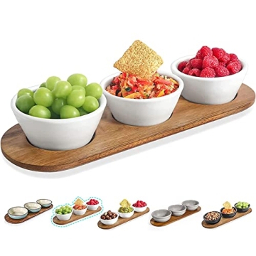 Artena 10oz Ultra-fine Porcelain Chips and dip Serving Platter with Acacia Wooden Tray, 4.75inch Whi...