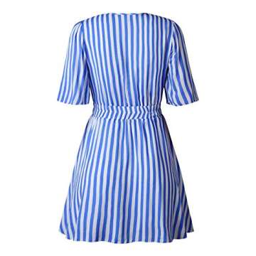 PRETTYGARDEN Women's Sexy Deep V Neck Short Sleeve Striped Wrap Ruffle Hem Pleated Mini Dress with Belt Black (Blue, Small)