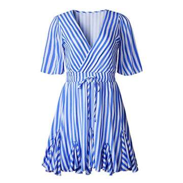 PRETTYGARDEN Women's Sexy Deep V Neck Short Sleeve Striped Wrap Ruffle Hem Pleated Mini Dress with Belt Black (Blue, Small)