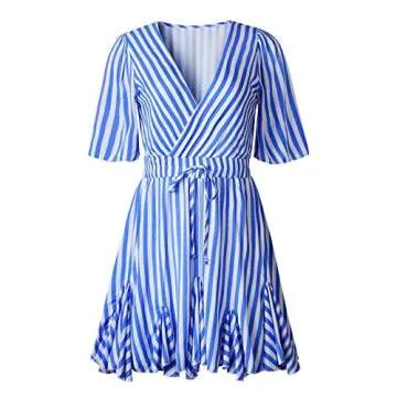 PRETTYGARDEN Women's Sexy Deep V Neck Short Sleeve Striped Wrap Ruffle Hem Pleated Mini Dress with Belt Black (Blue, Small)