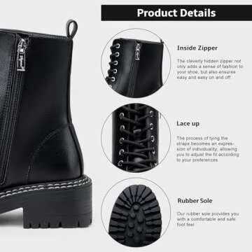 Vepose Women's 9629 Fashion Combat Ankle Boots, Lace up Booties with Inner Zipper, Black, Size 8M US(CJY9629 Black 08)