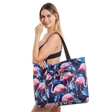 Women Beach Tote Utility Bag with Zipper, Flamingo Foldable Cute Large Swim pool Waterproof Bag for ...
