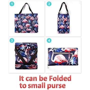 Women Beach Tote Utility Bag with Zipper, Flamingo Foldable Cute Large Swim pool Waterproof Bag for Travel, Gym, yoga, Mom in Law Female Friend Sister Wife Girlfriend Good Gift