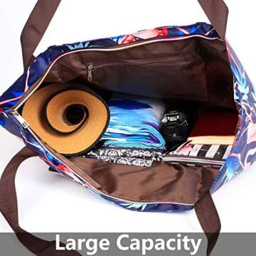 Women Beach Tote Utility Bag with Zipper, Flamingo Foldable Cute Large Swim pool Waterproof Bag for Travel, Gym, yoga, Mom in Law Female Friend Sister Wife Girlfriend Good Gift