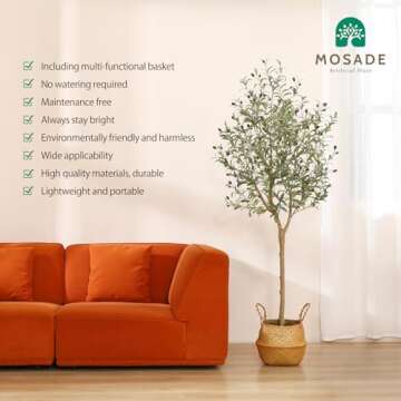 MOSADE Artificial Olive Tree 6Ft Fake Olive Silk Plant and Handmade Seagrass Basket, Perfect Tall Faux Topiary Silk Tree for Indoor Entryway Modern Decor Home Office Porch Balcony Gift,1Pack