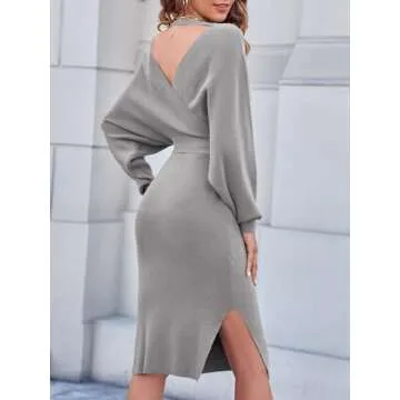 Chang Yun Women's Long Maxi Sweater Dresses Sexy Wrap Batwing V Neck Slit Open Back Holiday Bodycon Dress with Belt