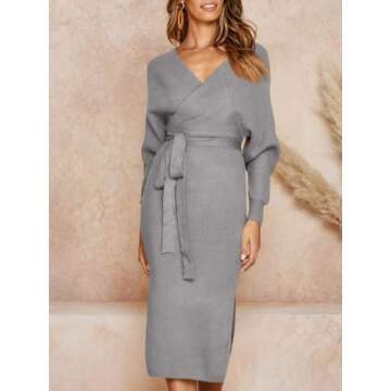 Chang Yun Women's Long Maxi Sweater Dresses Sexy Wrap Batwing V Neck Slit Open Back Holiday Bodycon Dress with Belt