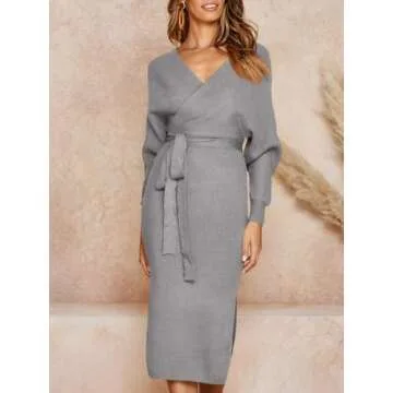 Chang Yun Women's Long Maxi Sweater Dresses Sexy Wrap Batwing V Neck Slit Open Back Holiday Bodycon Dress with Belt