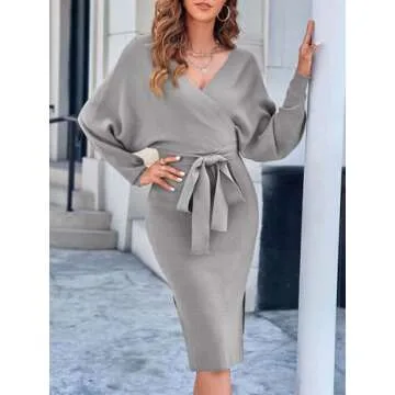 Chang Yun Women's Long Maxi Sweater Dresses Sexy Wrap Batwing V Neck Slit Open Back Holiday Bodycon Dress with Belt
