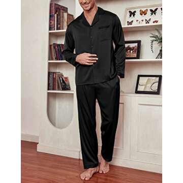 Ekouaer Men's Silk Pajama Set Long Satin Loungewear 2 Piece Pjs Classic Button Down Sleepwear Black