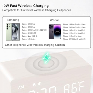 Elegant Wooden Alarm Clock with Wireless Charging Options