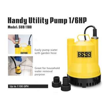 6699 1/6HP Portable Utility Pump Submersible Small Backup Sump Pump Draining pump to Remove Water from Flooding House Basement Pool Tankless Heater Flushing Pump with 10-Foot Cord SUB 1100