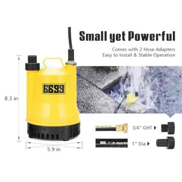 6699 1/6HP Portable Utility Pump Submersible Small Backup Sump Pump Draining pump to Remove Water from Flooding House Basement Pool Tankless Heater Flushing Pump with 10-Foot Cord SUB 1100
