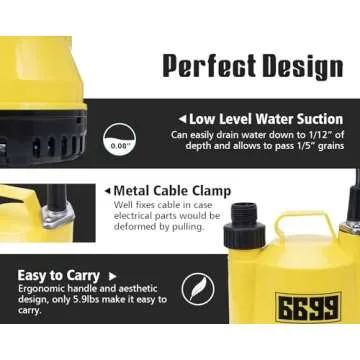6699 1/6HP Portable Utility Pump Submersible Small Backup Sump Pump Draining pump to Remove Water from Flooding House Basement Pool Tankless Heater Flushing Pump with 10-Foot Cord SUB 1100