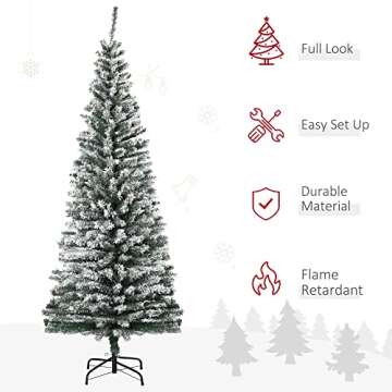 HOMCOM 6' Tall Unlit Snow-Flocked Slim Artificial Christmas Tree with Realistic Branches and 492 Tips