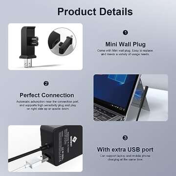 65W Surface Pro Laptop Charger for Microsoft Surface Pro X, 10, 9, 8, 7, 7+, 6, 5, 4, 3/ Surface Laptop 6 5 3 2 1 / Surface Book 2&3 13.5“, Surface Pro Charger, Support 44W, 36W, LED, 6FT