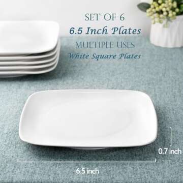 DELLING Appetizer Plates - 6.5 in Ceramic Small Plates for Dessert -Square Serving Plates - White Ki...