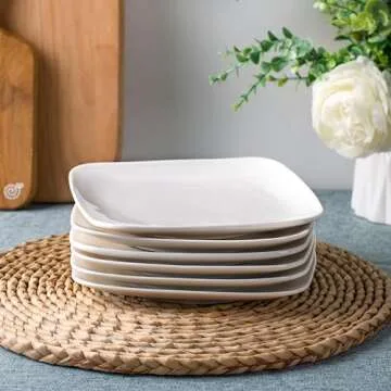 DELLING Appetizer Plates - 6.5 in Ceramic Small Plates for Dessert -Square Serving Plates - White Kitchen Dinnerware Dishes Set for Snacks, Appetizer, Side Dishes- Serving Platter Set of 6