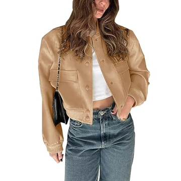 Megfie Women's Cropped Bomber Jacket Button Down Varsity Jackets Shackets With Pockets(0394-Brown-S)