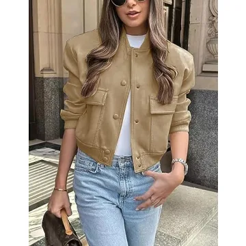 Megfie Women's Cropped Bomber Jacket Stylish Versatile Outerwear