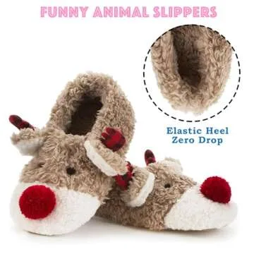 Cozylook Cute Animal Indoor Slippers for Women Kids Girls Boys, Fuzzy Bedroom Cartoon Slip On Shoes, Kawaii Funny Face Warm Cozy Fluffy House Socks, Fun Christmas Gifts Unique, Reindeer 1-3