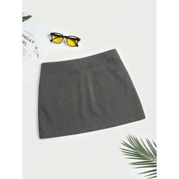 SHENHE Women's Low Rise Zip Fly Solid Casual Straight Cute Mini Skirt with Pockets Dark Grey Large