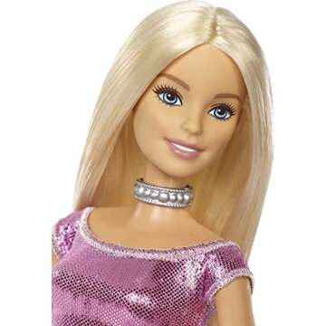 Barbie Happy Birthday Doll with Blonde Hair and Blue Eyes, Pink Glitter Party Dress, and Silvery Acc...