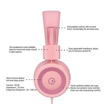 noot products Kids Headphones K11 Foldable Stereo Tangle-Free 5ft Long Cord 3.5mm Jack Plug in Wired On-Ear Headset for iPad/Girls/Boys/School/Laptop/Travel/Plane/Tablet-Soft Pink