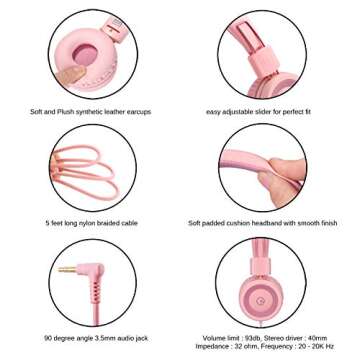 noot products Kids Headphones K11 Foldable Stereo Tangle-Free 5ft Long Cord 3.5mm Jack Plug in Wired On-Ear Headset for iPad/Girls/Boys/School/Laptop/Travel/Plane/Tablet-Soft Pink