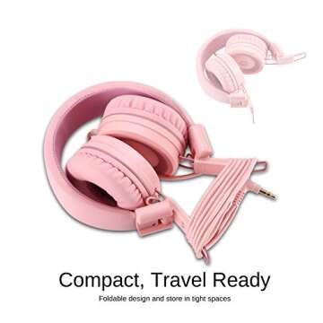 noot products Kids Headphones K11 Foldable Stereo Tangle-Free 5ft Long Cord 3.5mm Jack Plug in Wired On-Ear Headset for iPad/Girls/Boys/School/Laptop/Travel/Plane/Tablet-Soft Pink