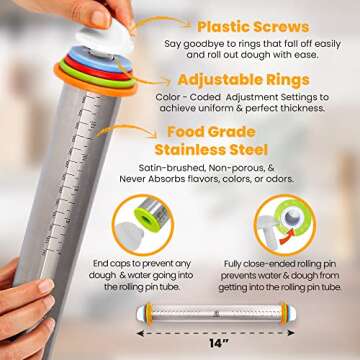 Stainless Steel Rolling Pin, Baking Set, Rolling pin with thickness rings, Silicone baking mat, and white storage base. Baking tools, are packed in a luxurious giftable box by ZLion.