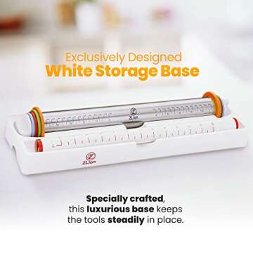 Stainless Steel Rolling Pin, Baking Set, Rolling pin with thickness rings, Silicone baking mat, and white storage base. Baking tools, are packed in a luxurious giftable box by ZLion.