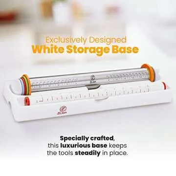 Stainless Steel Rolling Pin, Baking Set, Rolling pin with thickness rings, Silicone baking mat, and white storage base. Baking tools, are packed in a luxurious giftable box by ZLion.