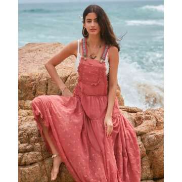 Gacaky Summer Dress for Women Casual Floral Embroidered Bohemian Dress Adjustable Straps Bib Maxi Fl...