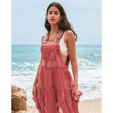 Gacaky Summer Dress for Women Casual Floral Embroidered Bohemian Dress Adjustable Straps Bib Maxi Flowy Dress with Pockets Rose Medium
