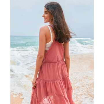 Gacaky Summer Dress for Women Casual Floral Embroidered Bohemian Dress Adjustable Straps Bib Maxi Flowy Dress with Pockets Rose Medium